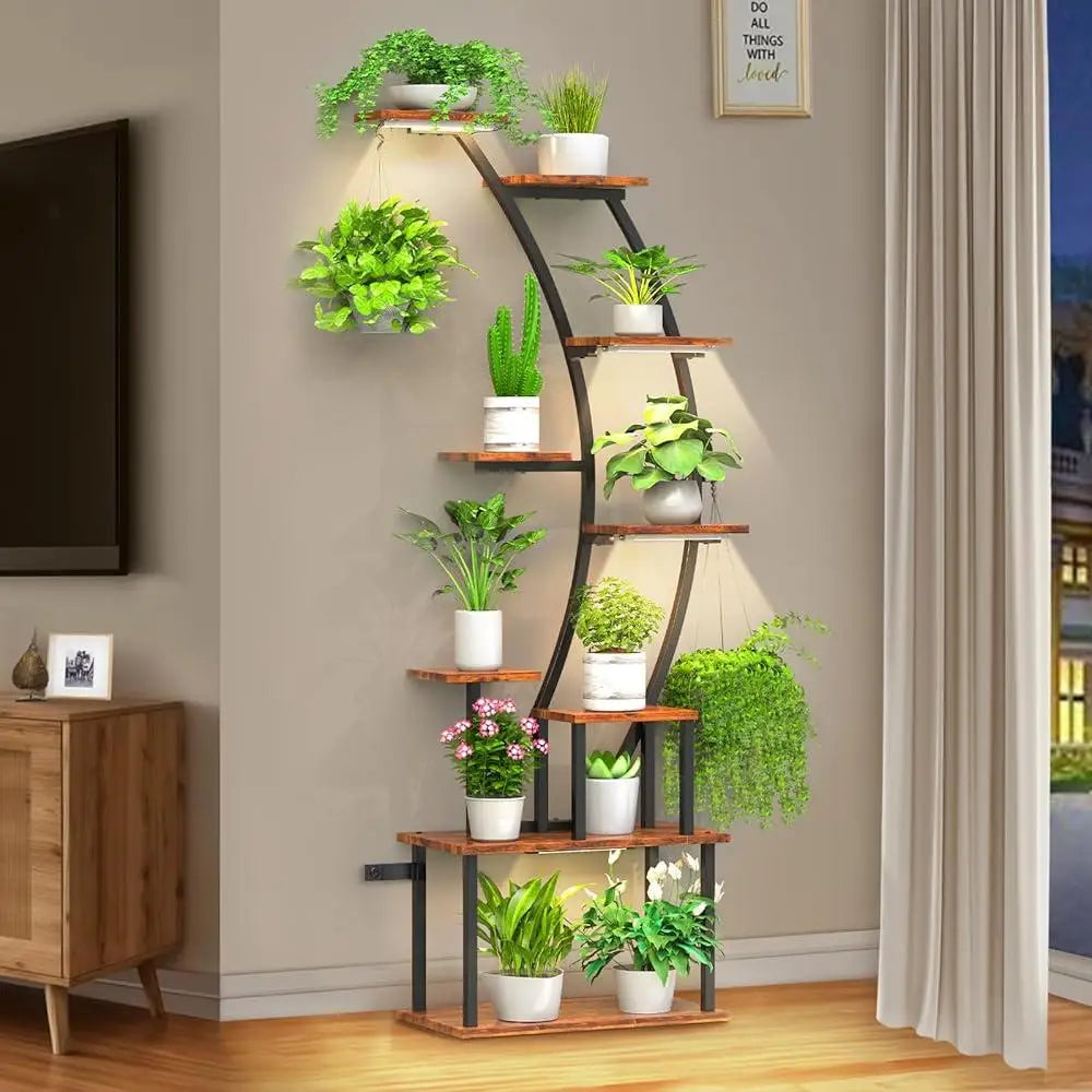 Indoor Plant Stand with Grow Lights 9 Tier Metal Shelf Flower Pots and Home Decor Display