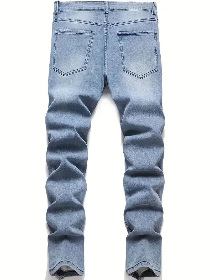 Men's Slim Fit Ripped Jeans, Casual Street Style with Medium Stretch Denim, Light Blue Distressed Design, Versatile for All Seas
