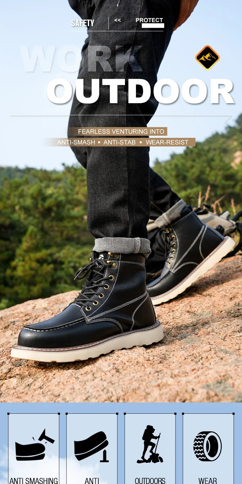 Two layer cowhide men's anti-smash anti-puncture high top work safety shoes