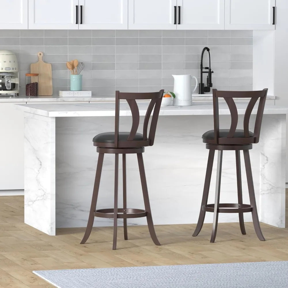 Set of 2 Swivel Bar Stools with Leather Seats, Single Slat Back, Solid Rubber Wood Legs