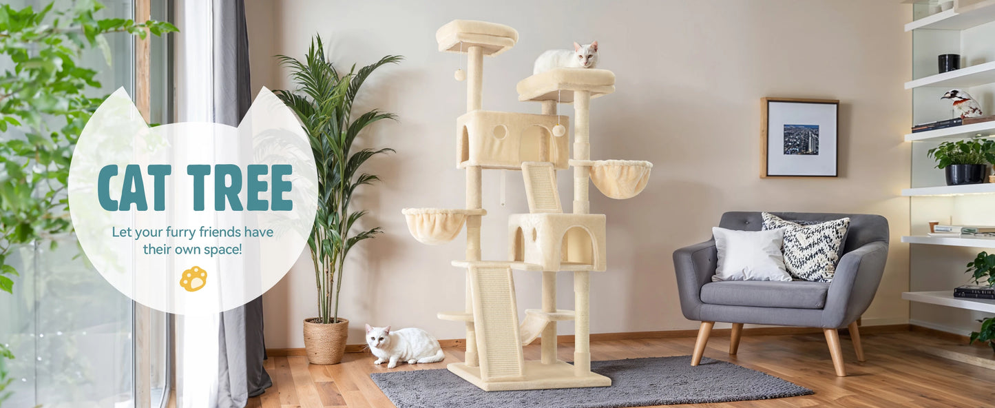 HOOMIC 65in Multi-Level Large Cat Tree Tower/Cozy Plush Cat Perches/Cat Condo with Baskets/Sisal Scratching Post Allewie