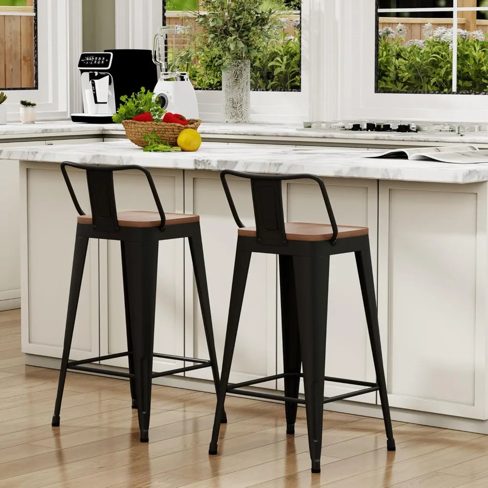 Metal Bar Stools Set of 2 Counter Height Barstools with Removable Back 24" Kitchen Bar Stools with Wooden Seat, Black