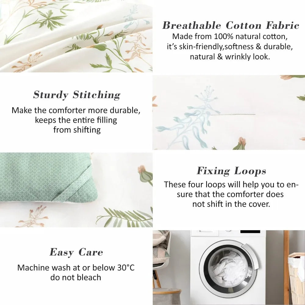 3pcs Botanical Comforter Sets Queen Size-Green Comforter with Luxurious Tan & Gray Leaves on White, Reversible