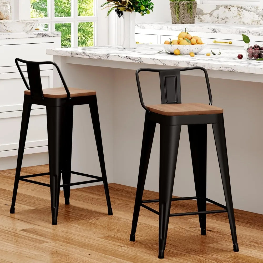 Metal Bar Stools Set of 2 Counter Height Barstools with Removable Back 24" Kitchen Bar Stools with Wooden Seat, Black