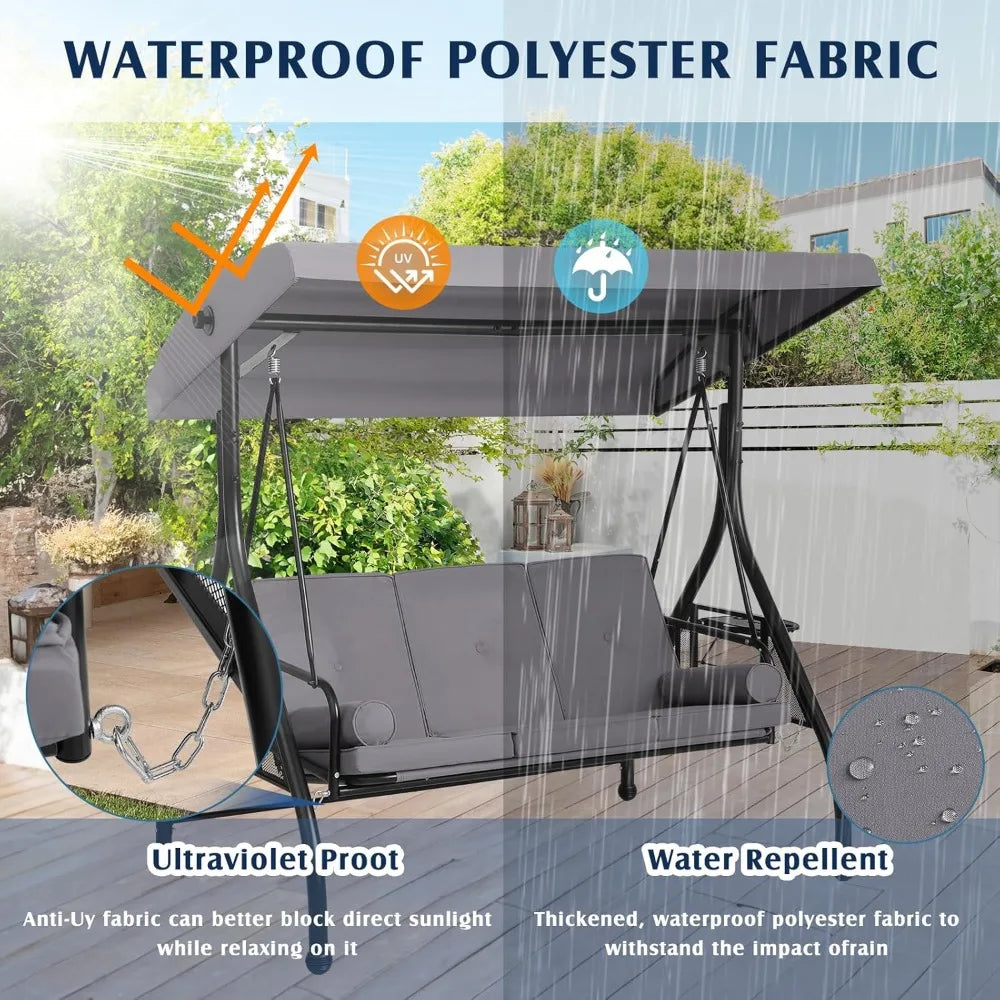 3-Seat Outdoor Porch Swing with Adjustable Canopy, 3 Person Convertible Porch Swing Bed with Stand, Heavy Duty Patio Swing with