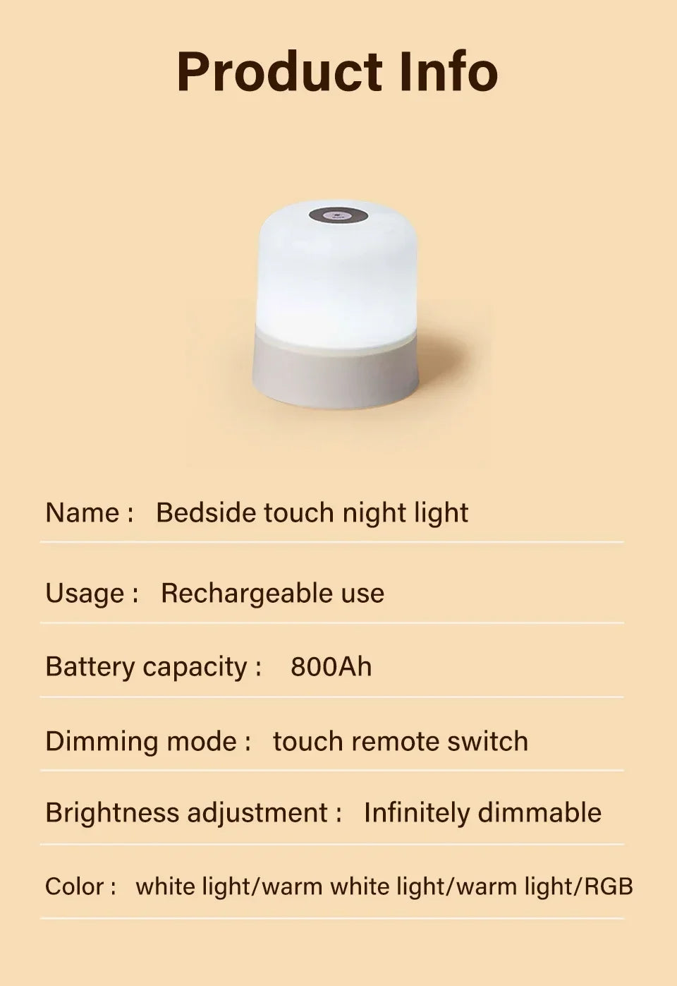 Rechargeable Led Night Light with Remote Control Touch Switch Table Lamp for Reading Bedroom White RGB Color Dimmable Portable
