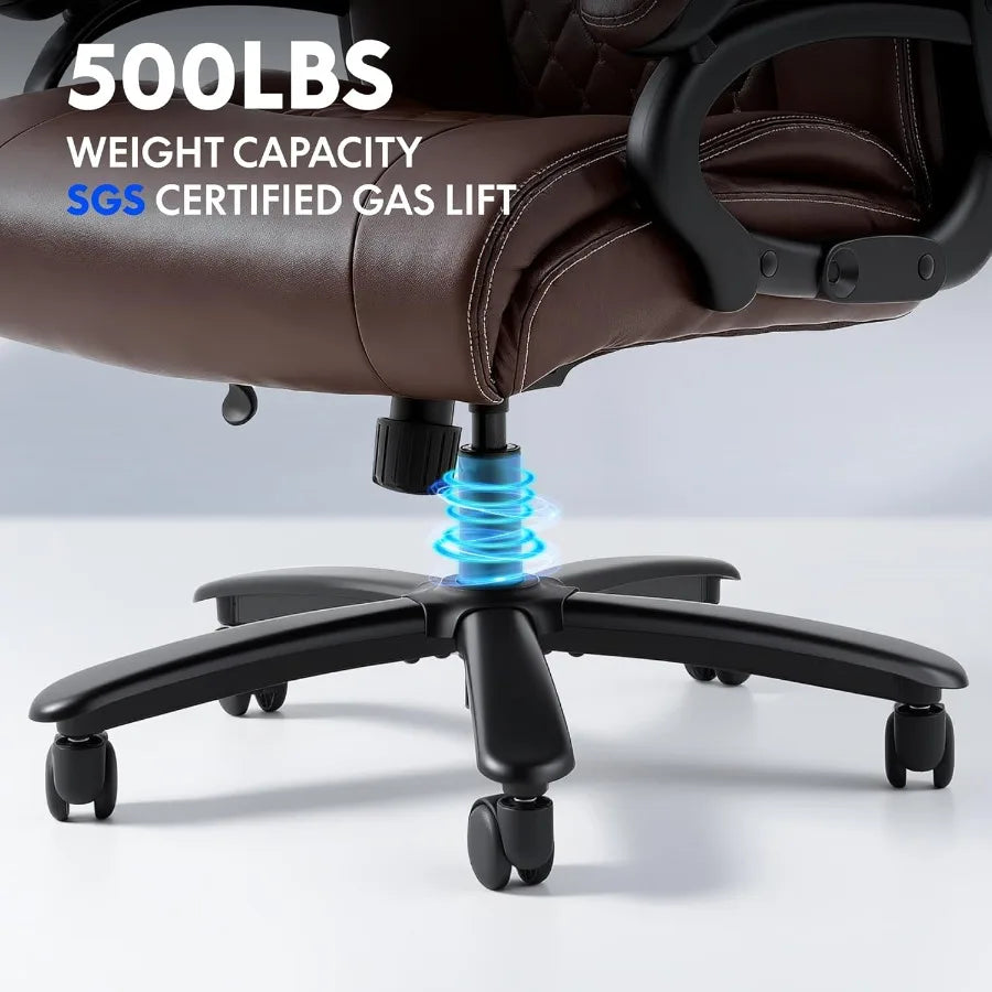 500LBS Big and Tall Office Chair Leather Brown Wide Big Seat Cushion High Back Ergonomic Chair with Adjustable Lumbar Support C