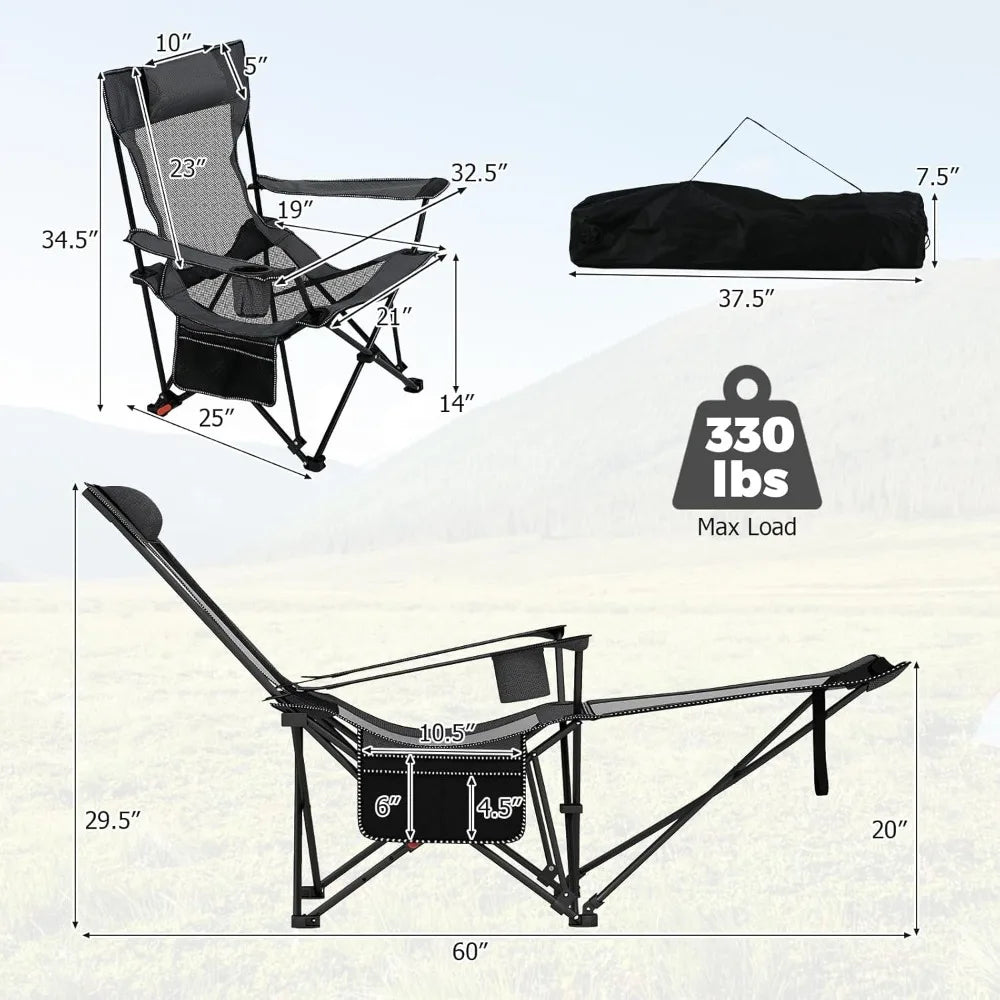 Camping Lounge Chair w/Detachable Footrest, Folding Beach Chair w/4-position Backrest, Carrying Bag, Removable Pillow,Cup Holder