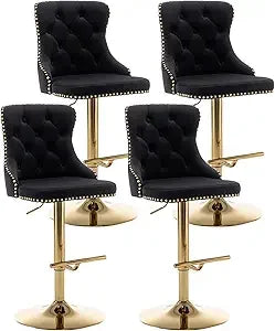 Velvet Bar Stools Set of 4, Counter Height Bar Stools with Button & Nailheads Trim, Gold Swivel Bar Stools for Kitchen Island, B