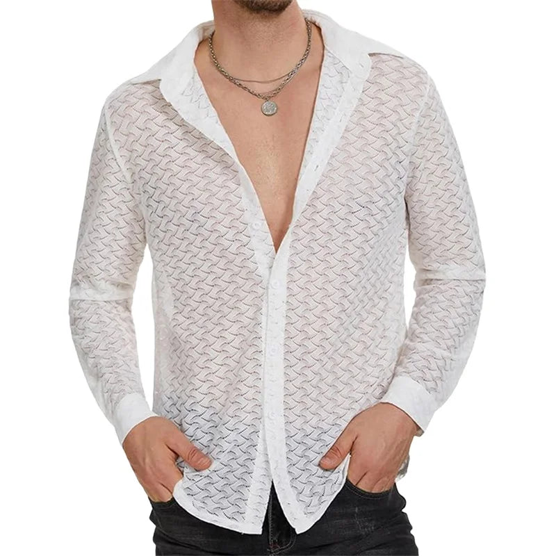 Men s Mesh Panel Shirt with Sheer Lace Detailing and Lapel Neckline Long Sleeve Button-up Top for Casual Streetwear Fashion