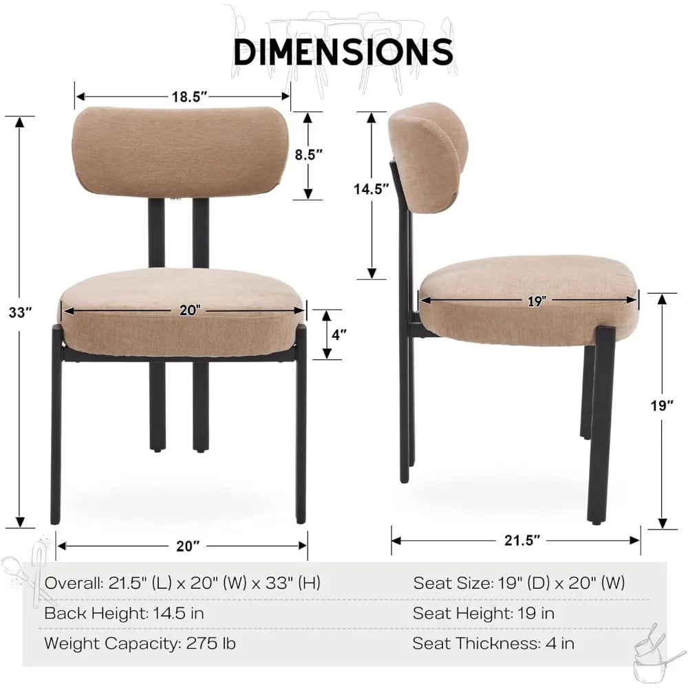 Khaki Dining Chairs Set of 2, Chenille Upholstered Kitchen Chairs with Open Back, Modern Armless Side Chairs with Metal Legs