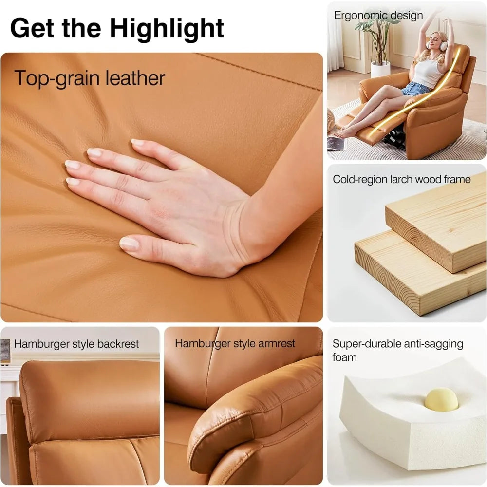 Italian Crafted Top Grain Leather Recliner Chair, Wall-Hugging Design for Living Rooms
