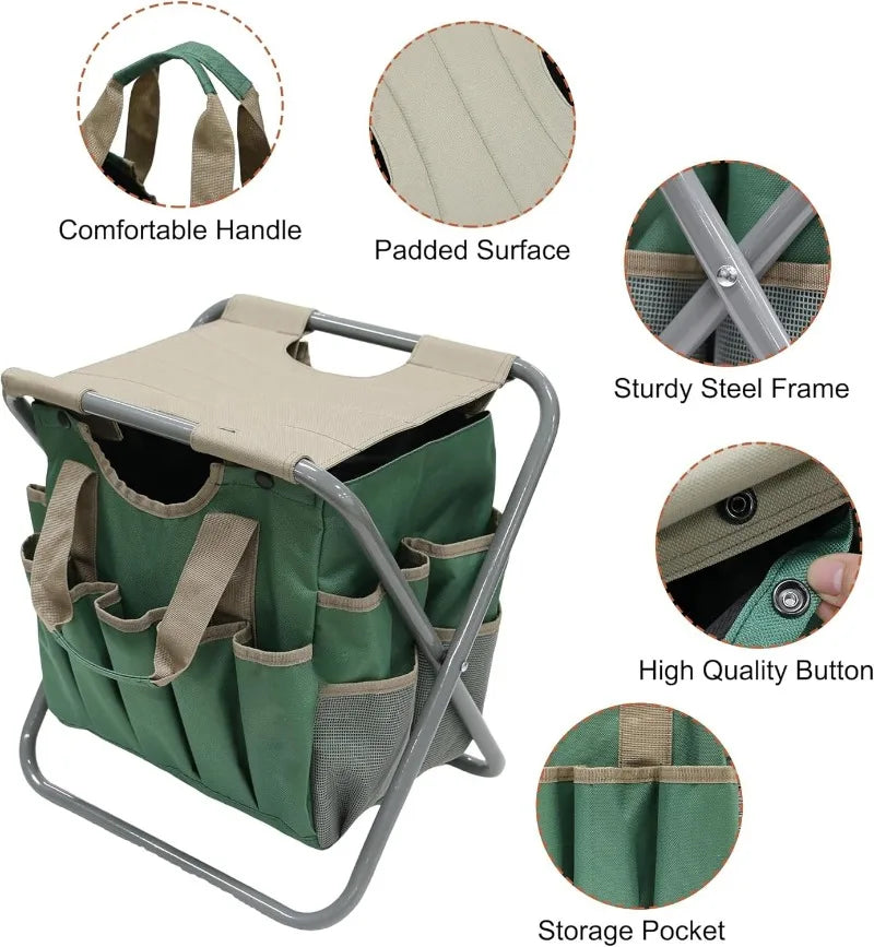 Folding Gardening Stool with Detachable Storage Tote Bag, Gardening Tools Set Organizer for Fishing Outdoor Sports Hiking