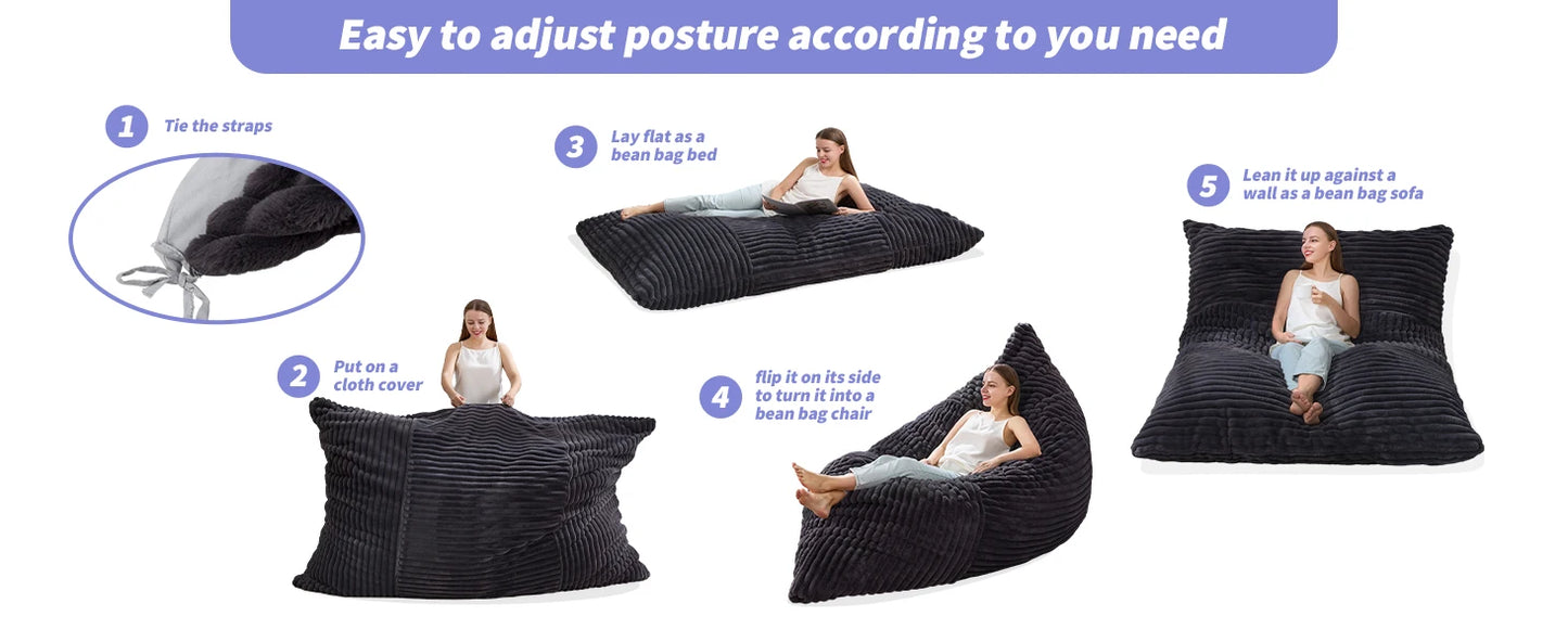 3 in 1 Bean Bag Chair Giant Bean Bag Chairs Convertible Bean Bag Floor Cushion with Machine Washable Cover, Beanbag Chairs