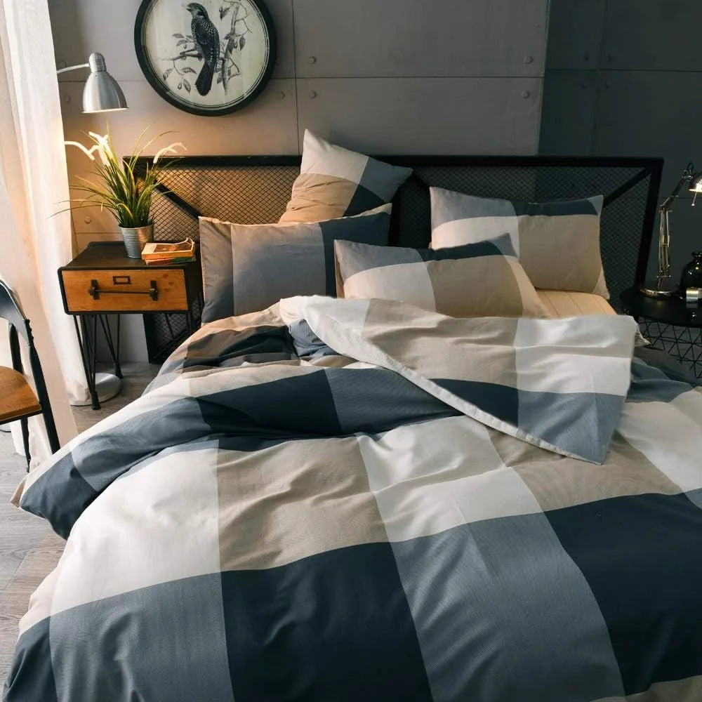 King Comforter Set Men Boys Geometric Checkered Plaid Printed Bedding Comforter for All Season Soft Lightweight Bedding