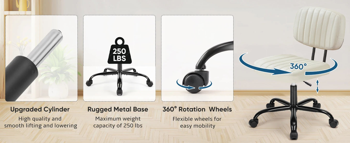 Armless Home Office Desk Chair -Small Ergonomic with Low Back Lumbar Support, Task with 360° Swivel Rolling Wheels