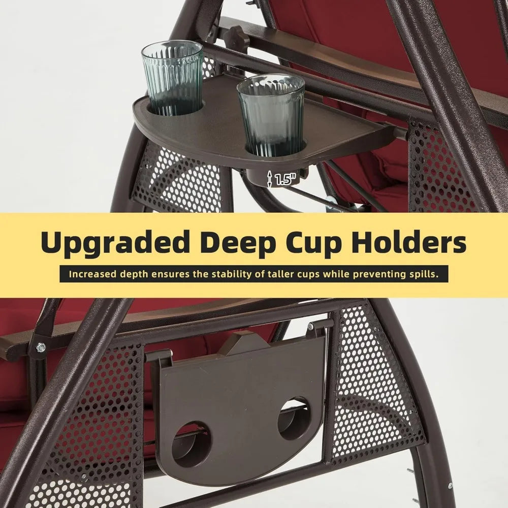 3 Person Outdoor Porch Swing with 1.5" Upgraded Cup Holder, Adjustable Canopy, Backrest, Patio Swing Bed with Weather Resistant