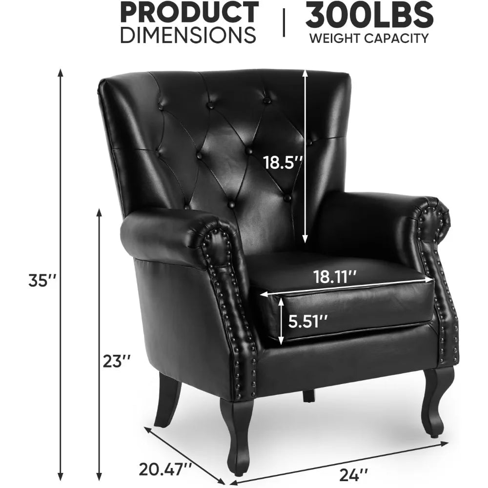 PU Leather Accent Chair, Modern Armchair Living Room Chair, Upholstered Club Chair with Rivet Trim,Mid-Century Sofa Chair