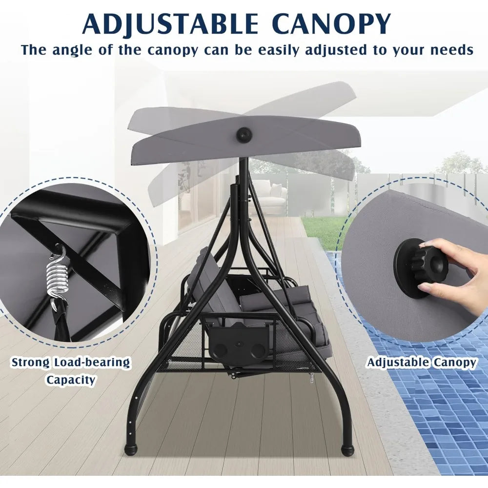 3-Seat Outdoor Porch Swing with Adjustable Canopy, 3 Person Convertible Porch Swing Bed with Stand, Heavy Duty Patio Swing with