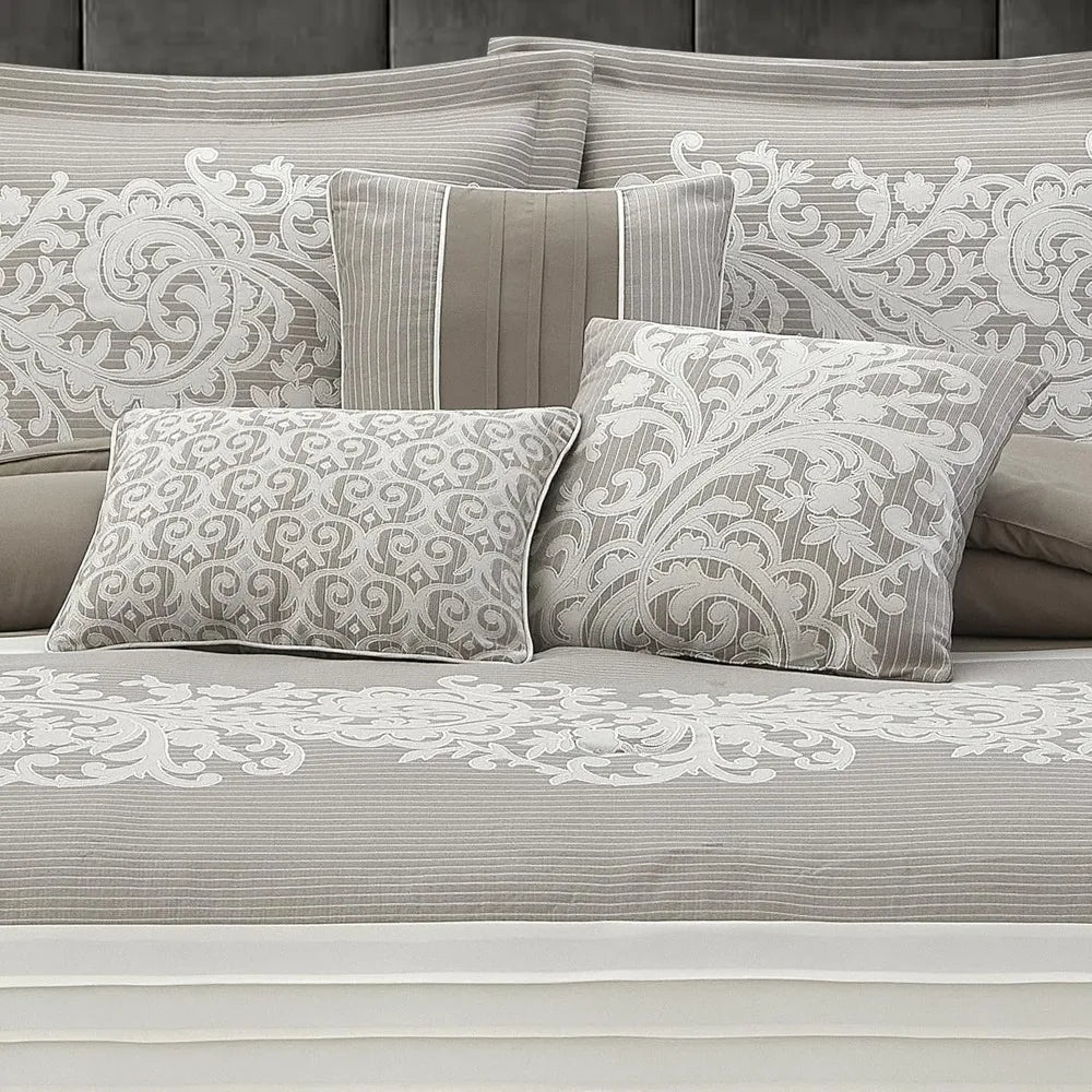 Queen Size Taupe Damask Jacquard Comforter Set with Solid Piece Work, 7-Piece All-Season Soft Bedding Ensemble Including Bed Ski