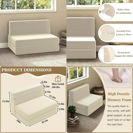 Memory Foam Sofa Bed, Convertible Futon Couch with Back Support, Foldable Floor Mattress Sleeper Chair for Living Room