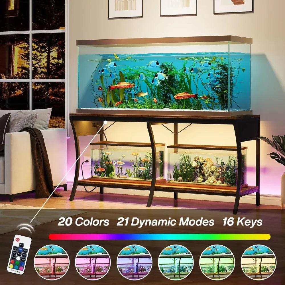 55-90 Gallon Fish Tank Stand, 2-Tier with LED Light & Power Outlets – Metal Frame for Aquarium or Reptile Use