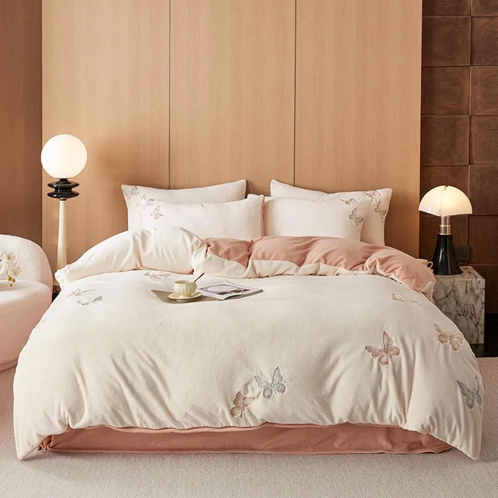 King Size Pink Butterfly Embroidered Fuzzy Duvet Cover Set - 3 Piece Bedding with Zippered Closure