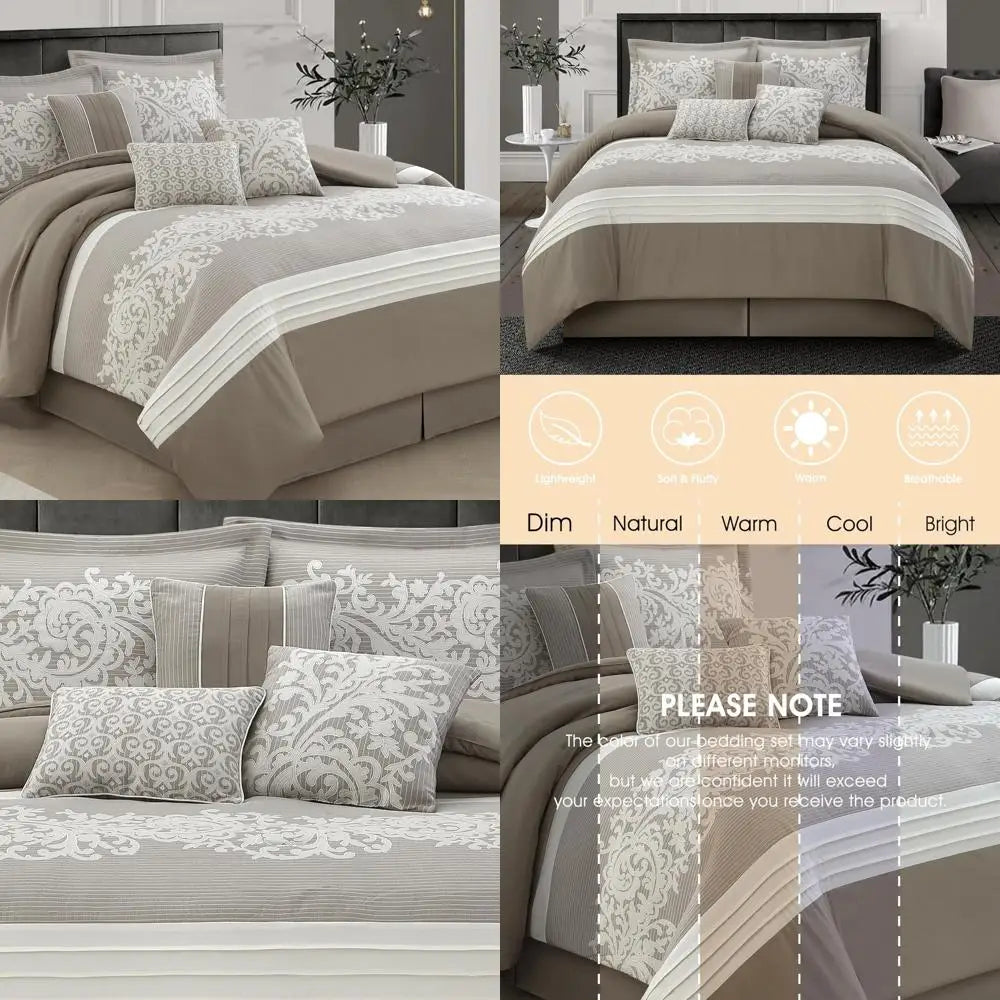 Queen Size Taupe Damask Jacquard Comforter Set with Solid Piece Work, 7-Piece All-Season Soft Bedding Ensemble Including Bed Ski