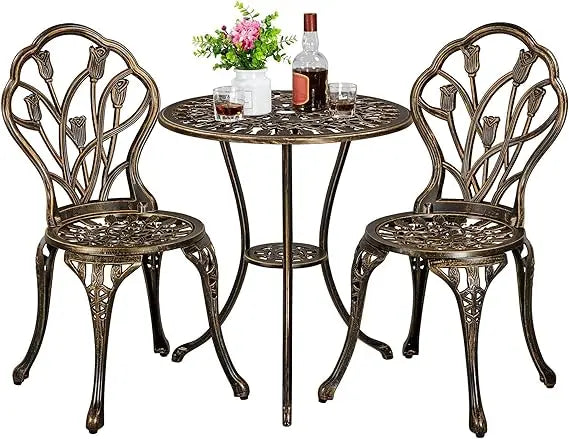 Yaheetech Patio Bistro Sets 3 Piece Cast Aluminum Bistro Table and Chairs Set, Cast Aluminum Bistro Table and Chairs Set of 2 wi