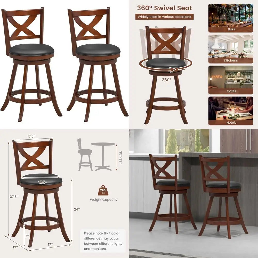 Set of 2 24 Swivel Counter Height Bar Stools with Back, Solid Rubberwood Frame, Leather Padded Seats, Vintage Style