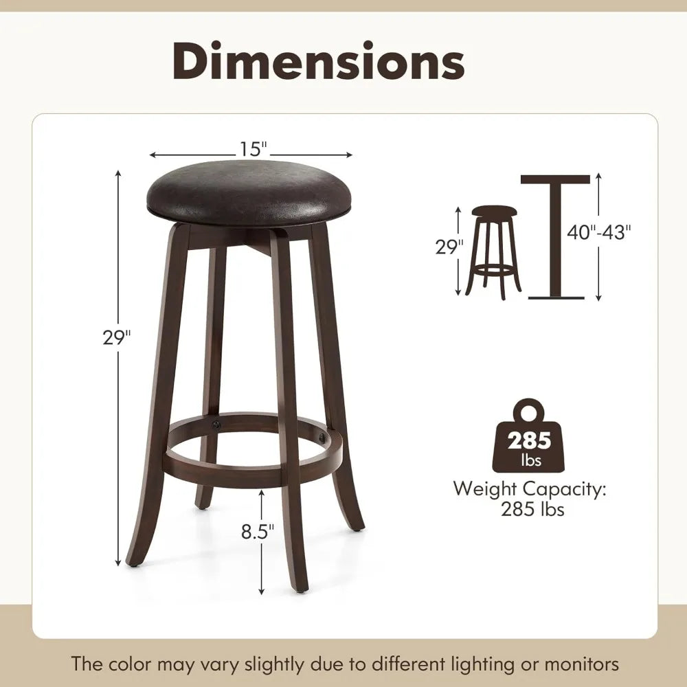Bar Stools Set of 2, 29" Bar Height Bar Stools w/ 360° Swivel Round Seat & Footrest, Rubber Wood Frame, Upholstered PU L