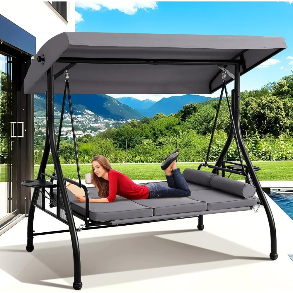 3-Seat Outdoor Porch Swing with Adjustable Canopy, 3 Person Convertible Porch Swing Bed with Stand, Heavy Duty Patio Swing with