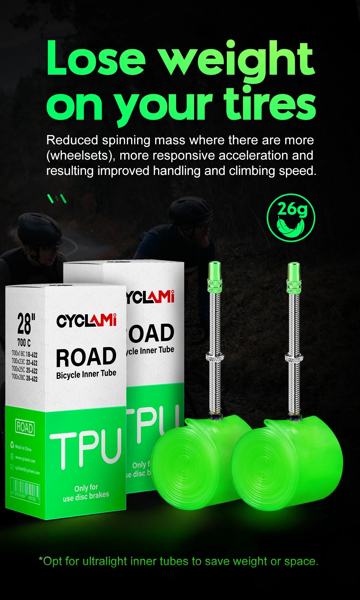 2pcs CYCLAMI 38g Ultralight Bike Inner Tube 700 X18 23 25 28 Road Bicycle TPU Material Tire 60mm Length French Valve Super Light