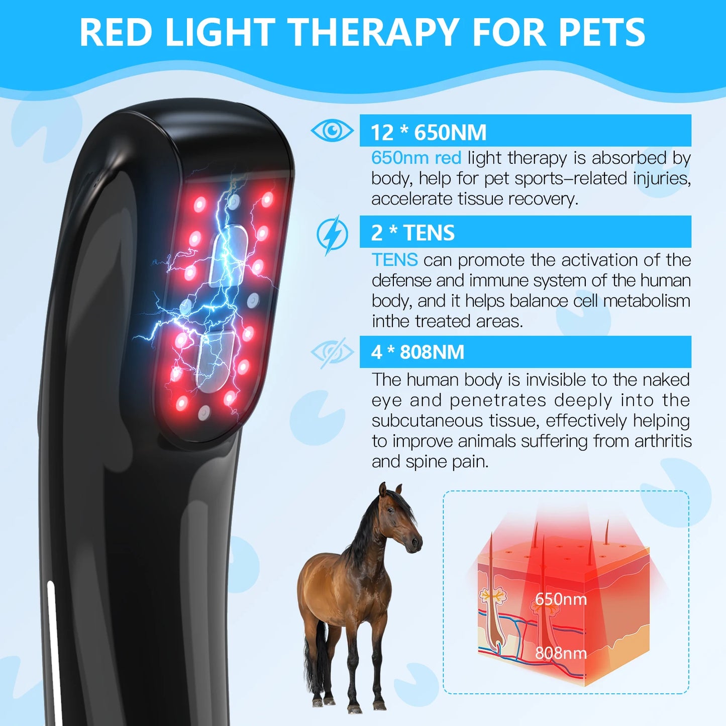 Cold Laser Therapy Device for Horse 4x808NM LLLT&TENS for Arthritis Pain Relief Electrical Stimulation for Tendon Recover