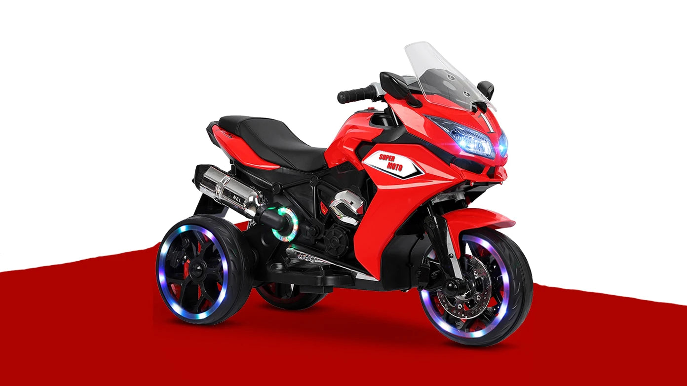 12V Kids Electric Motorcycle Ride On 3-Wheel Battery-Powered Rechargeable Toy Colorful LED Light-Up Wheels Boys Girls Fun Gift