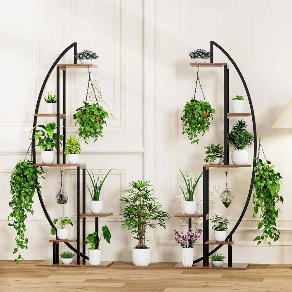 Indoor Tall Tree-Shaped Metal Plant Stand with Clearing Rack and Grow Lights
