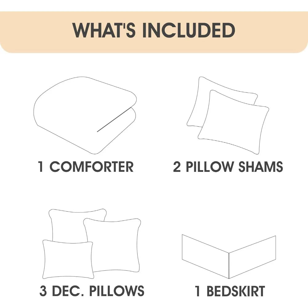 Queen Size Taupe Damask Jacquard Comforter Set with Solid Piece Work, 7-Piece All-Season Soft Bedding Ensemble Including Bed Ski