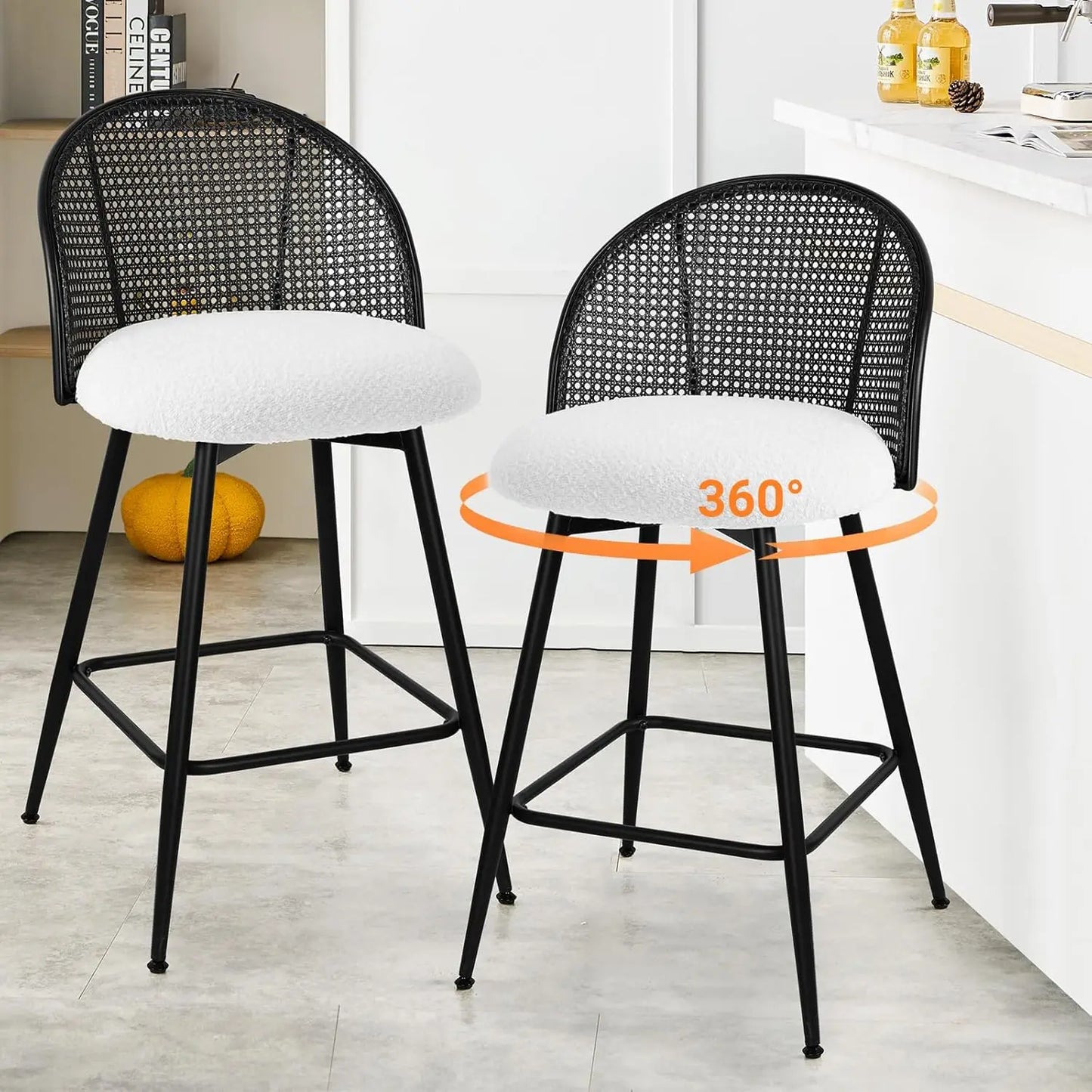Counter Height Bar Stools Set of 2, 360° Swivel Upholstered Barstools with Rattan Full Back & Metal Legs, PU Leather 26" Mid