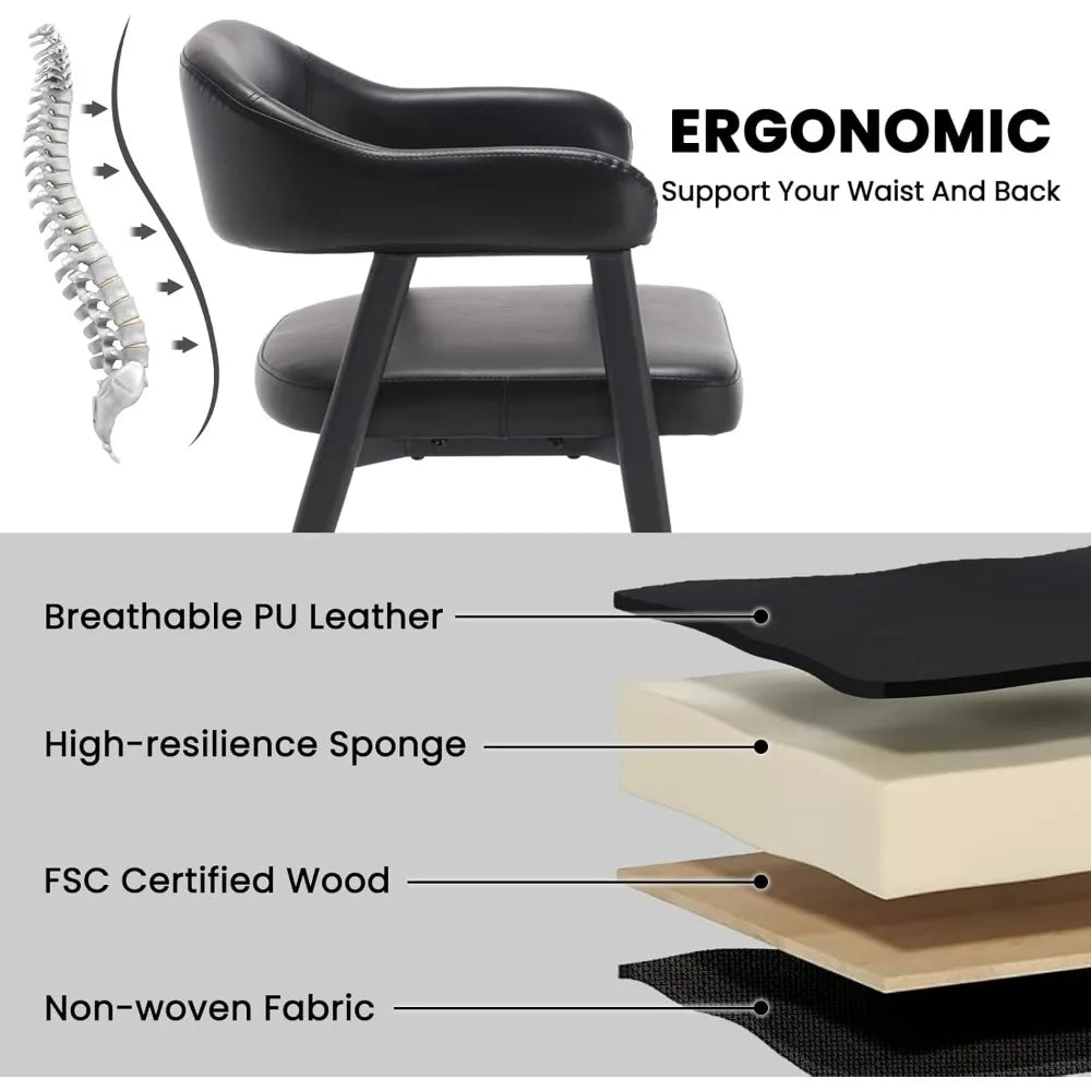 Leather Dining Chairs Set of 2 with Black Metal Legs, Mid Century Modern Kitchen Chairs with Curved Backrest