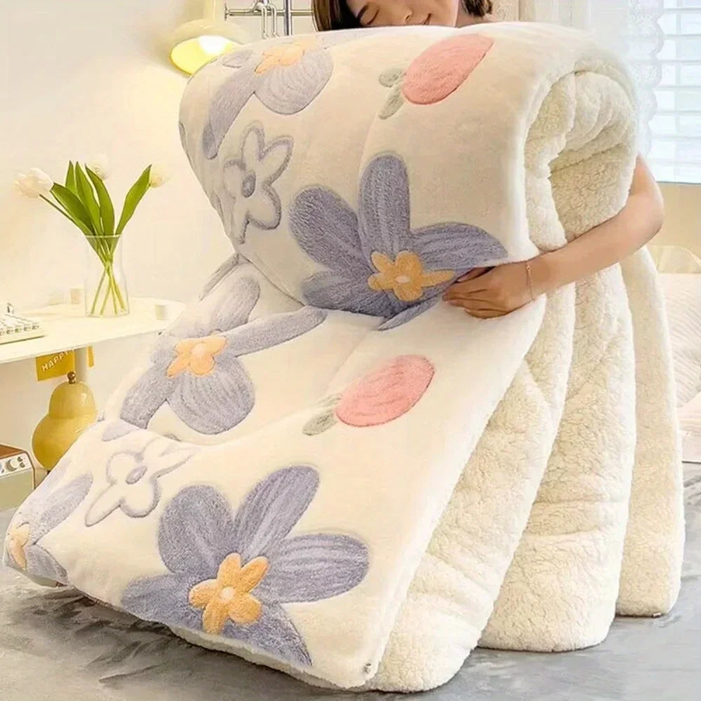 3pcs All-Season Thickened Lamb Wool & Sherpa Quilt Set - Home/Dorm Multi-Person Winter Bedding with 2 Pillowcases