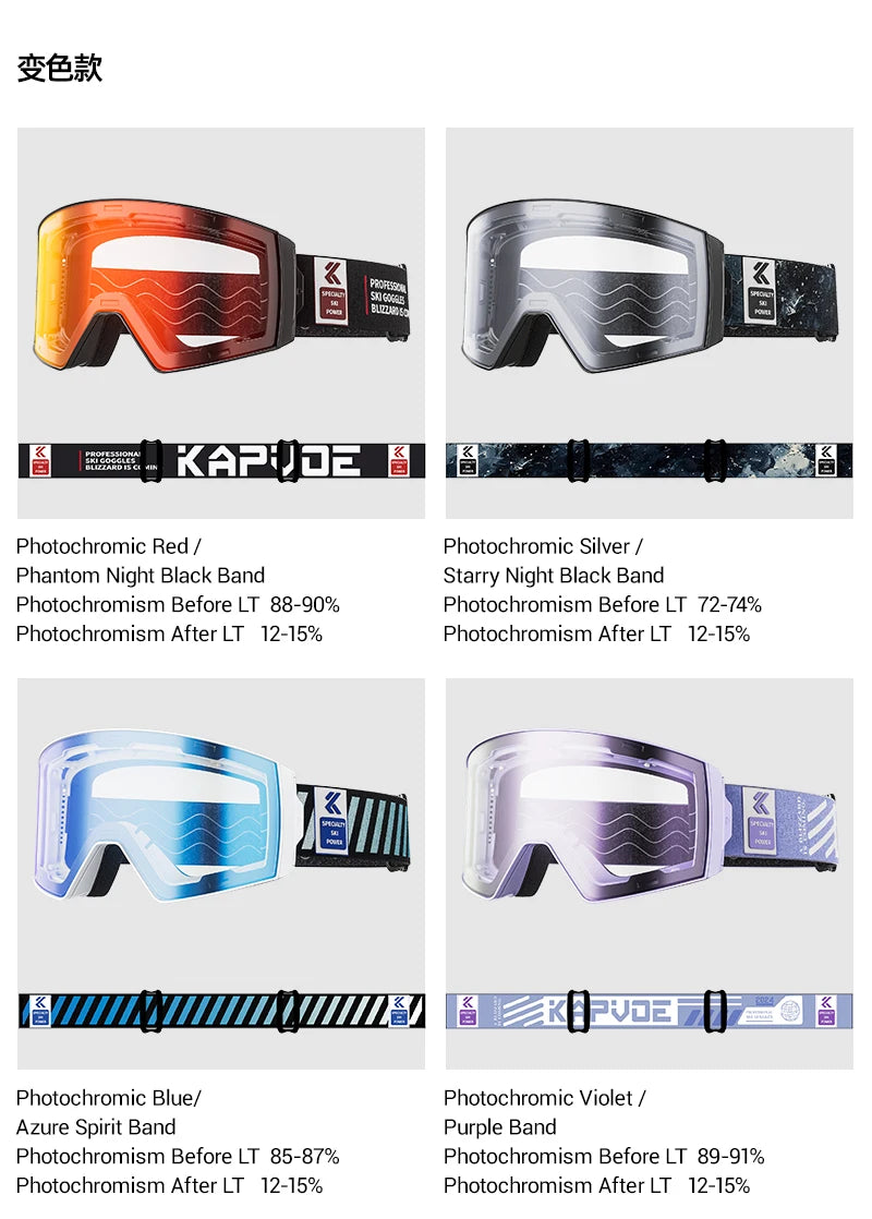 KAPVOE New Outdoor Photochromic Ski Goggles Winter Snow Sports for Unisex Snow Glasses UV400 Anti-fog Magnetic Snowboard Glasses