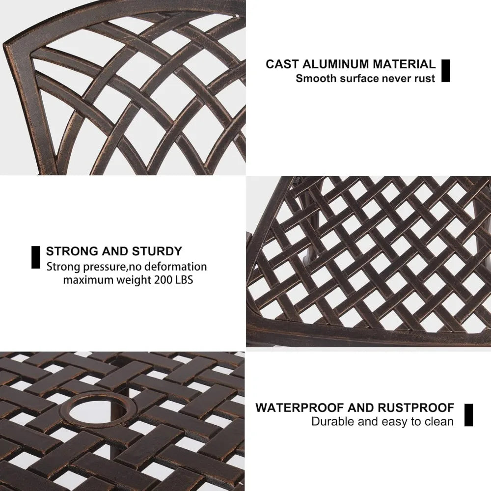 3 Piece Patio Bistro Set Cast Aluminum Bistro Table Set Outdoor Round Dining Table with Umbrella Hole for Porch, Lawn, Garden,