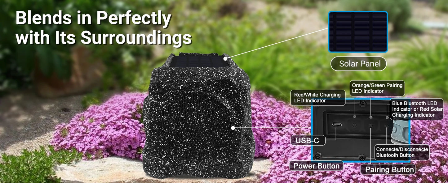 Herdio 8" Rock Speakers Outdoor IPX7 Waterproof Bluetooth Wireless Solar Powered Max 120W With Rechargeable Battery For Garden