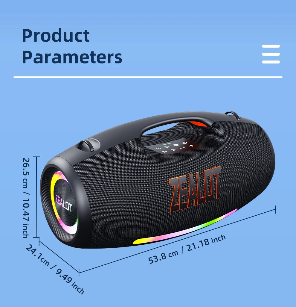 Zealot S89 250W Portable Bluetooth Speaker High Volume Waterproof 48000mAh Wireless TWS Subwoofer Suporrt USB/TF/AUX RGB light.
