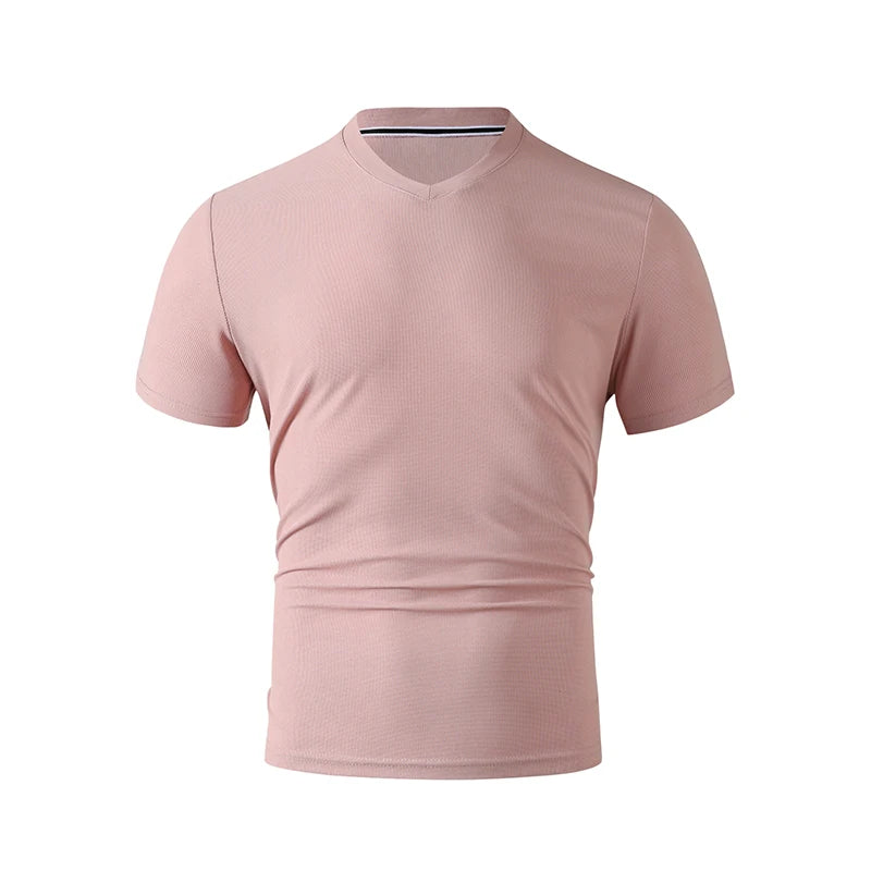 2025 New Men's Casual Fashion Simple V-neck Short Sleeved T-shirt Summer Comfortable Breathable Versatile Top