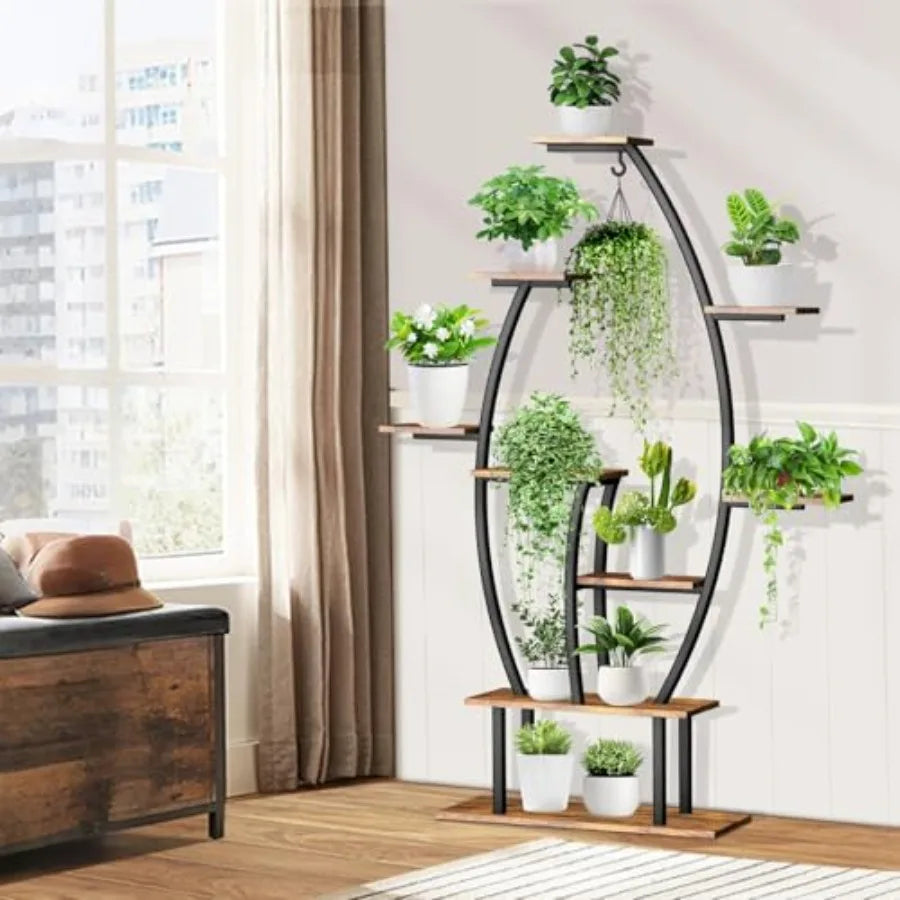 59Inch Tall Indoor Plant Stand with Integrated Grow Lights for Efficient Indoor Growing 9Tiered Large Flower Holder in Black Fi