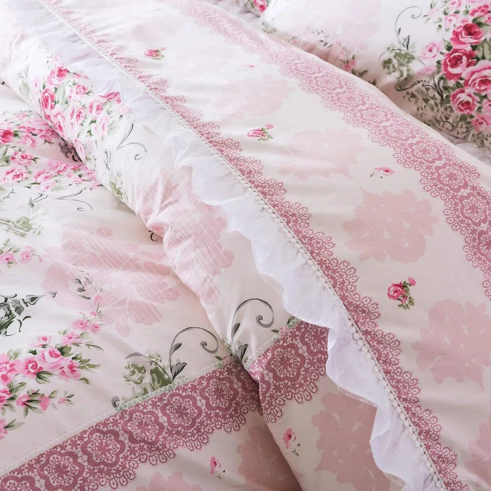 Elegant Floral Print Bedding Set, Rustic Style, Princess Lace Ruffle Duvet Cover for King, Queen, and Full Sizes