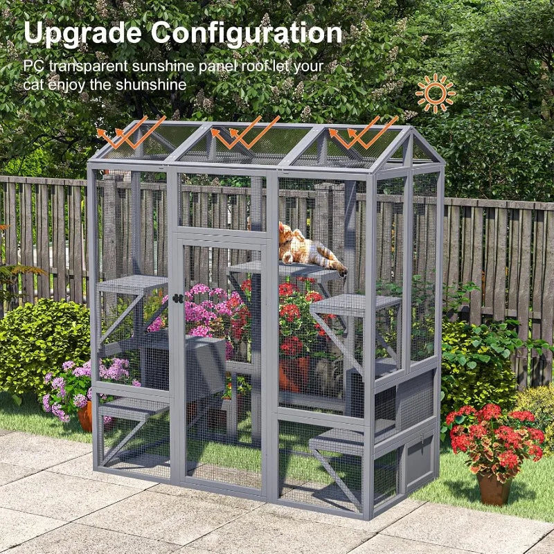 Outdoor Cat Enclosure, Large Cat House for Mulitiple Cats Walk in Cat Cage with Waterproof Cover and Sunshine Panel Roof, Feral