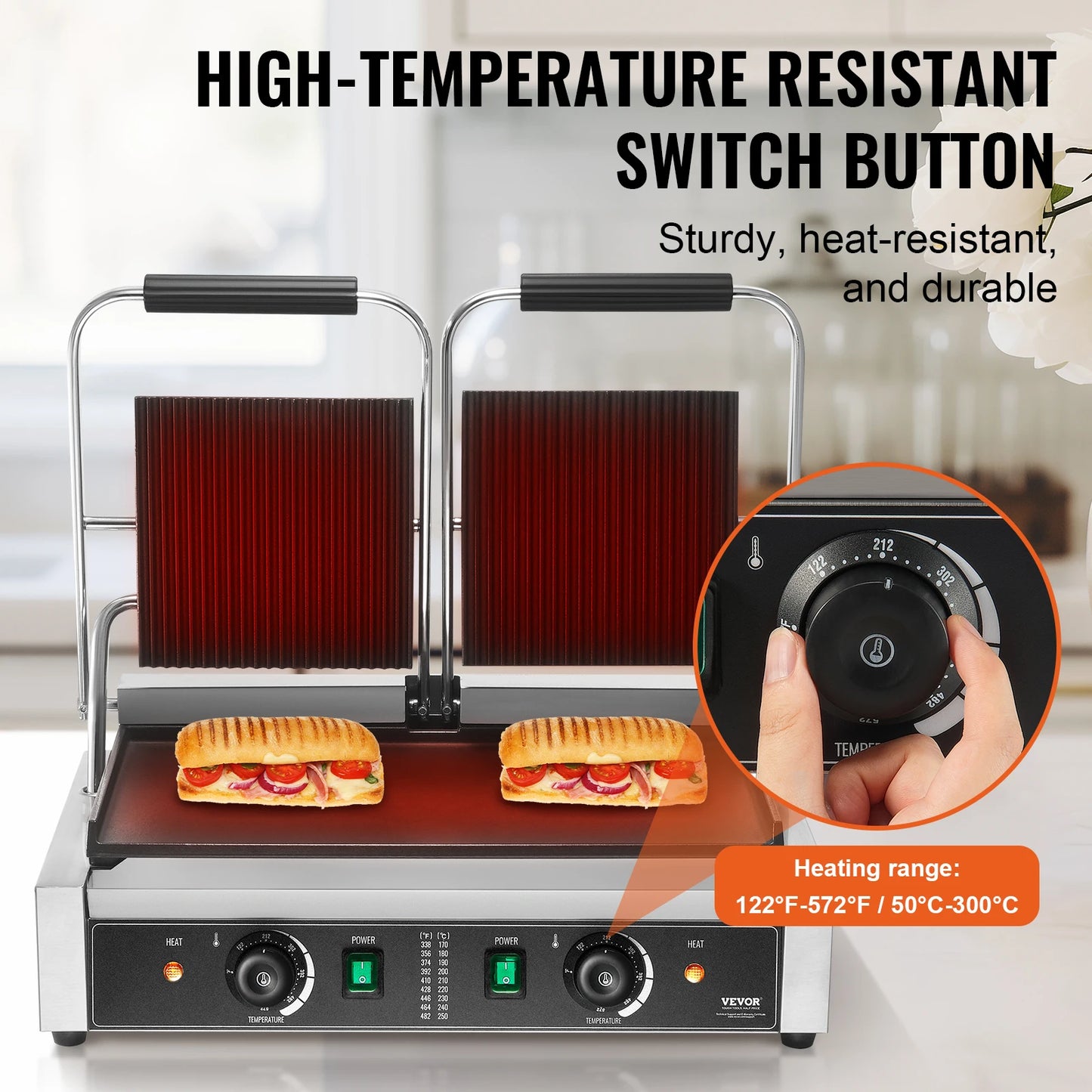 SucceBuy Commercial Panini Grill 3600W Electric Sandwich Panini Maker with Temp Control And 19"x9" for Hamburger Steak Bacon