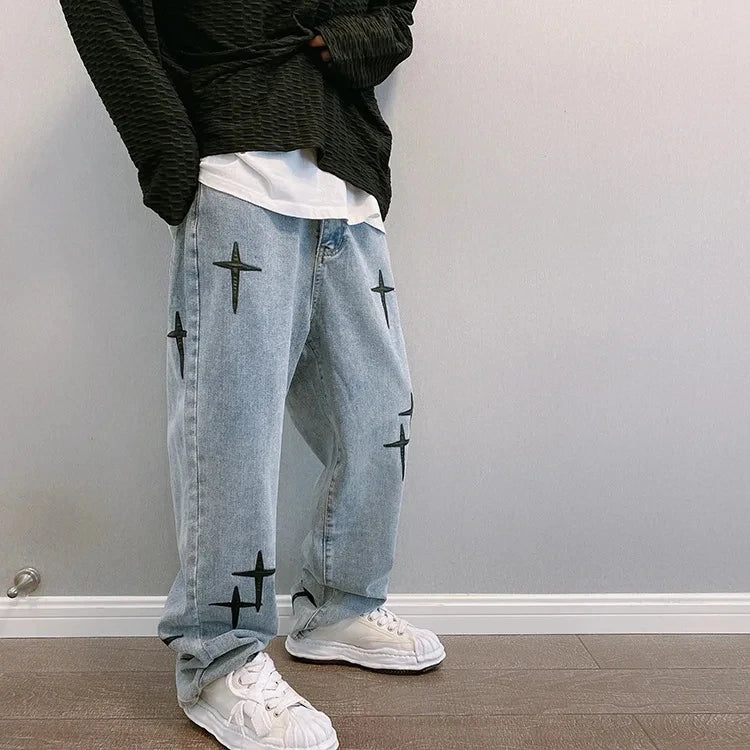 New Baggy Men's Jeans Embroidery Fashion Loose Denim Pants Streetwear Hip Hop Straight Wide Leg Trousers Casual Men Clothing